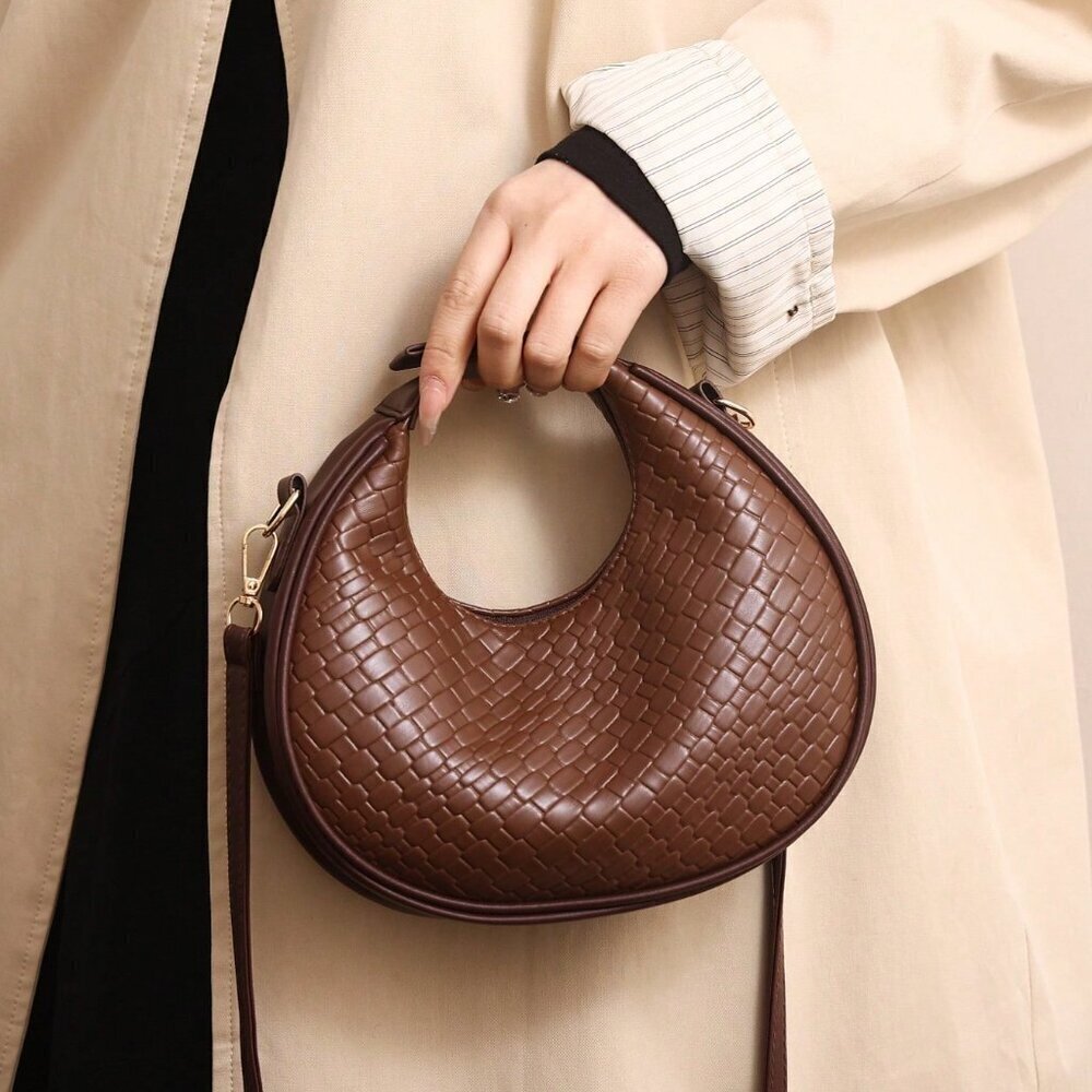 Coffee Brown Vintage Women's Zipper Closure Faux Leather Woven Bag